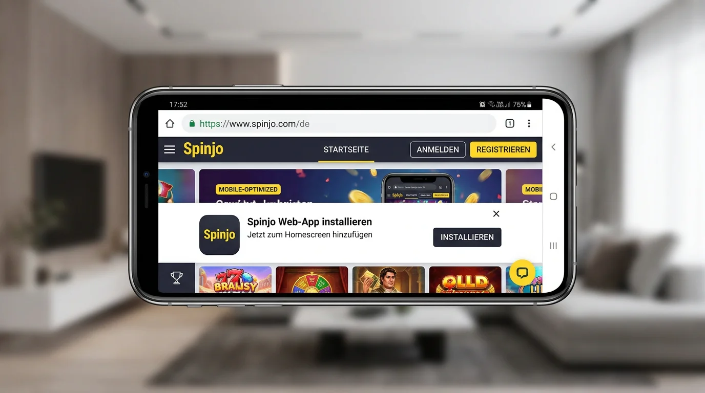 Deutsche Spinjo-Startseite in mobiler Darstellung mit Navigation und App-Zugang