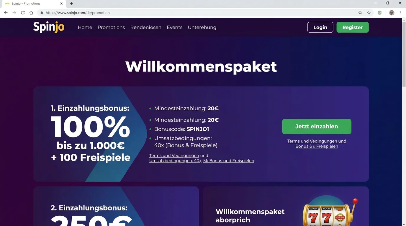Aktuelle deutsche Spinjo Promotionsseite mit Willkommenspaket