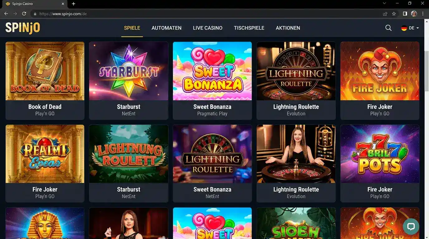 Deutsche Spinjo Casino-Lobby mit Spielkategorien und Anbietern