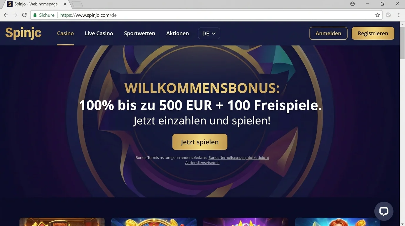 Deutsche Spinjo-Startseite mit Navigation und EUR-Promotionen